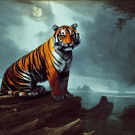 Horrific Tiger on Log in Doré Style