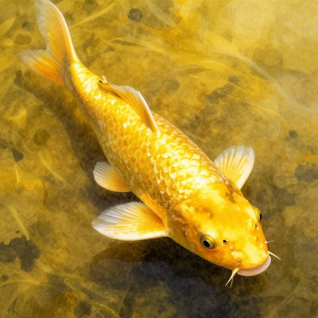 Detailed Koi Fish in Golden Watercolor Pond