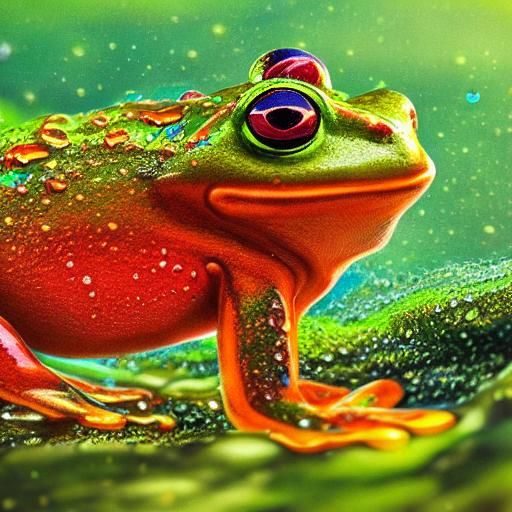 Bright Splash Art Frog Hopping on Mossy Rock