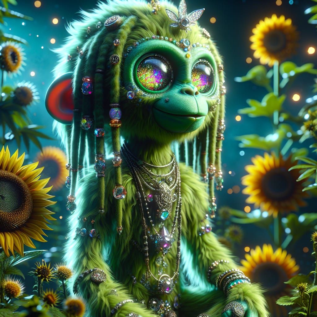 Intricate Monkey-Monster Doll in Magical Cannabis Grove