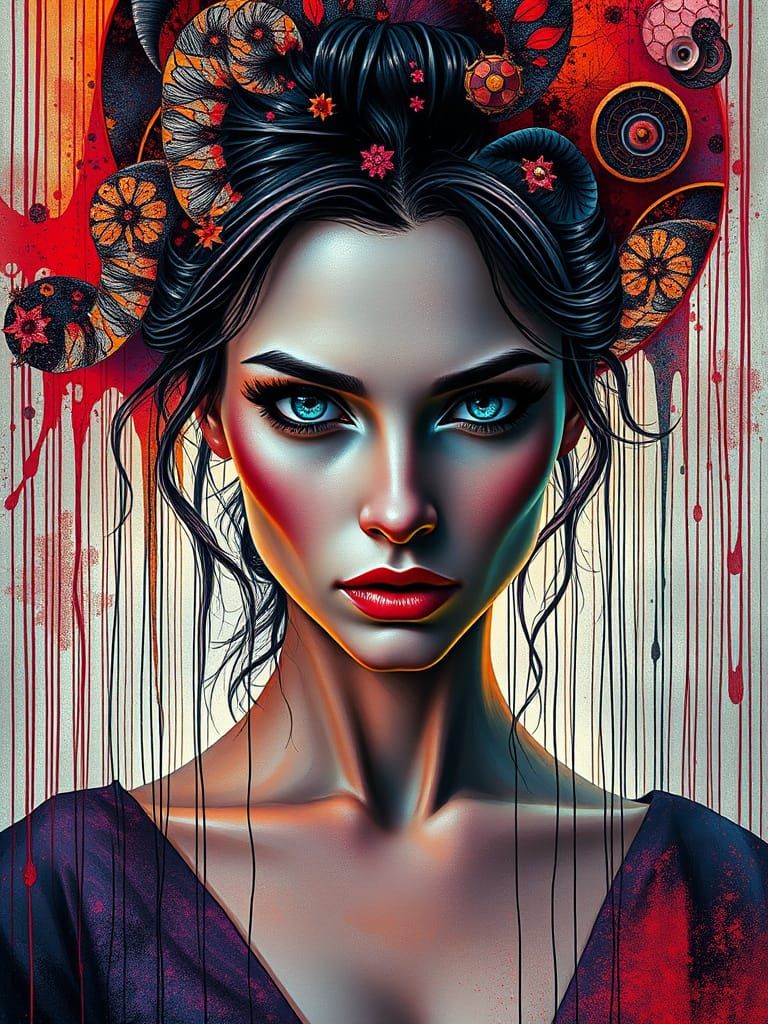 Mysterious woman with glowing eyes in graffiti style