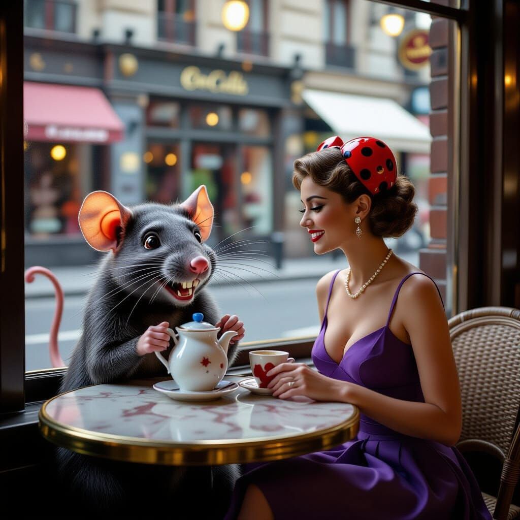 Cartoon Devil Rat and Ladybird at Street Cafe
