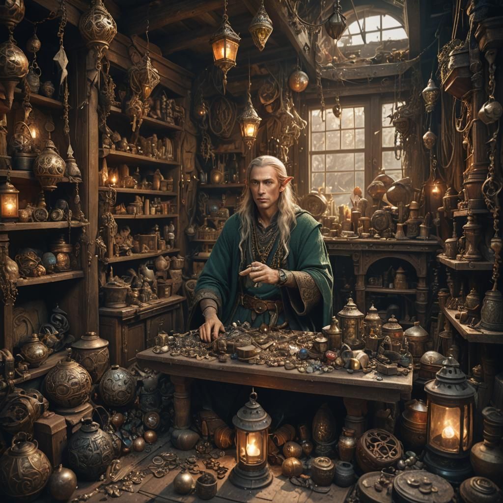 Elven Man Surrounded by Junk Shop Treasures