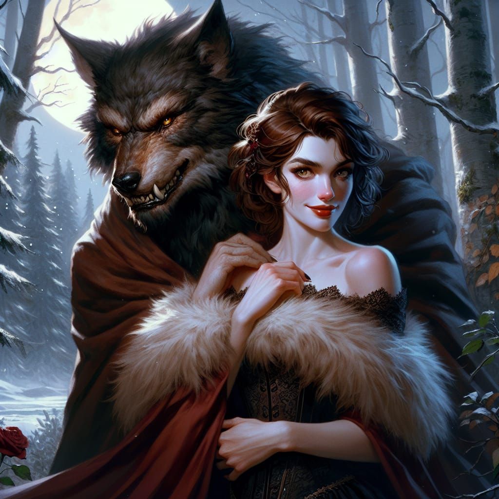 Seductive Woman and Werewolf in Snowy Forest