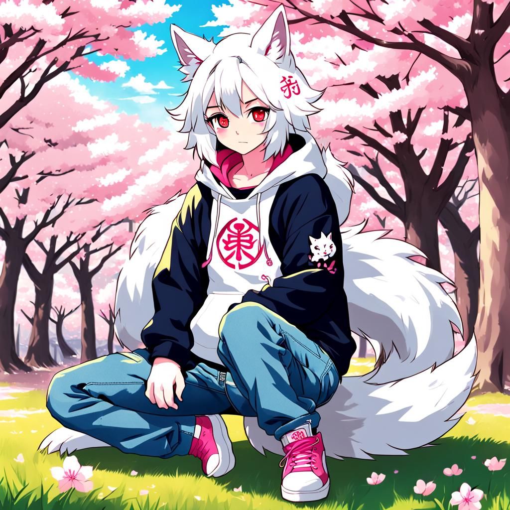 Anime Style Nine-Tailed Wolf Fursona Under Sakura Tree