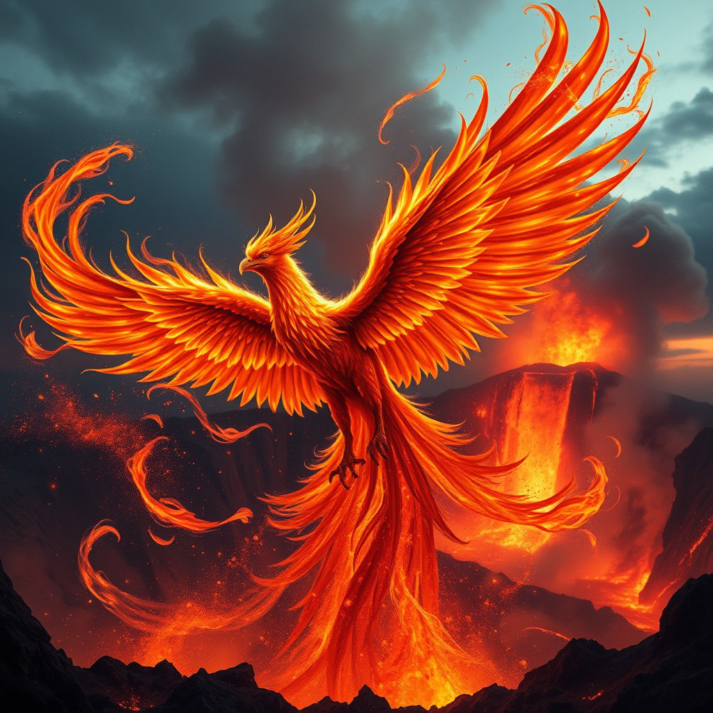 Fiery Phoenix Rising from Volcanic Caldera