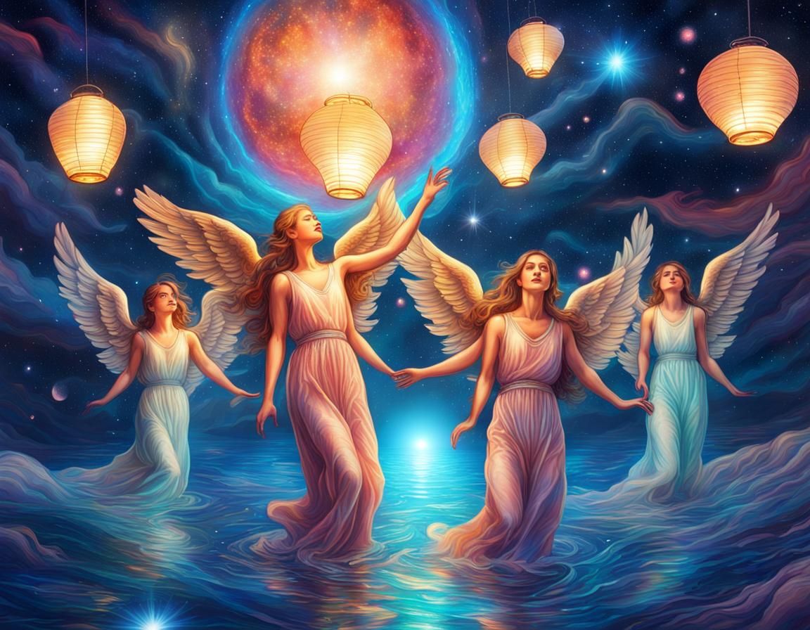Angels in Night Sky with Lanterns: Astral Illustration