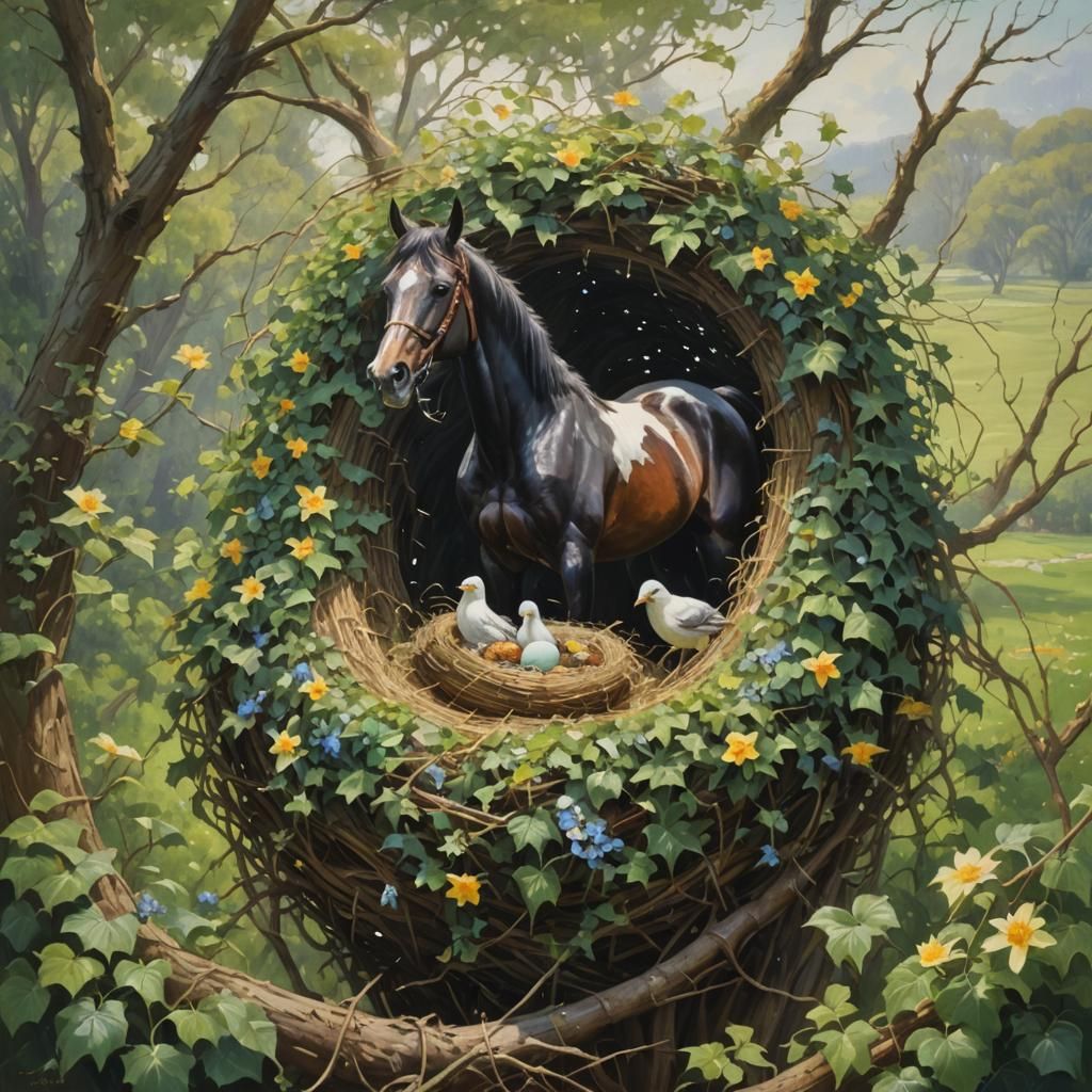 Bird's Nest at Horse Ranch, Oil Painting
