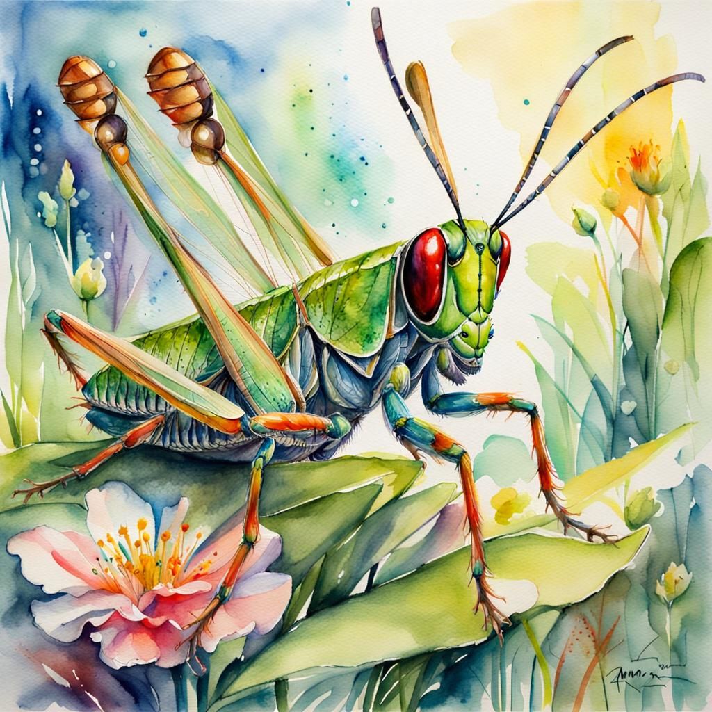 Giant Grasshopper in Watercolour Fantasy Style