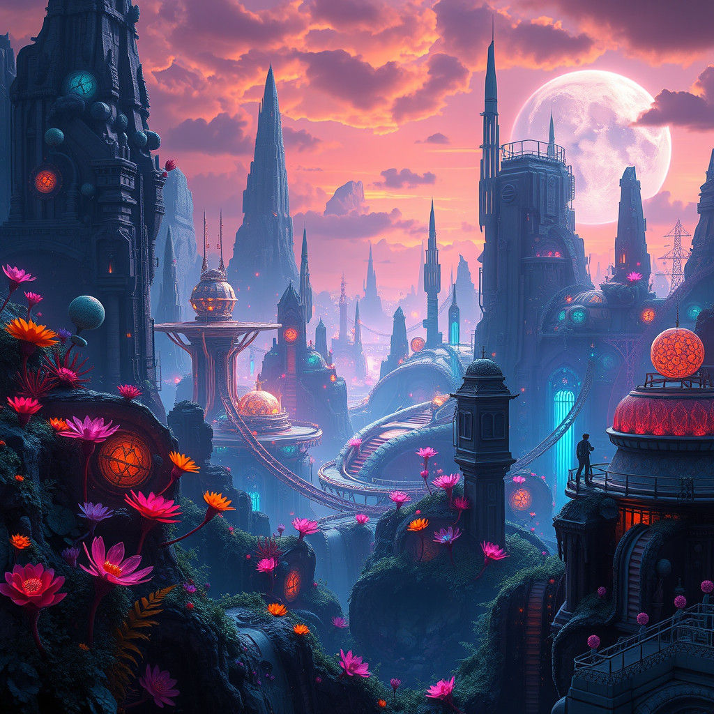 Futuristic Cityscape with Glowing Flora and Fauna