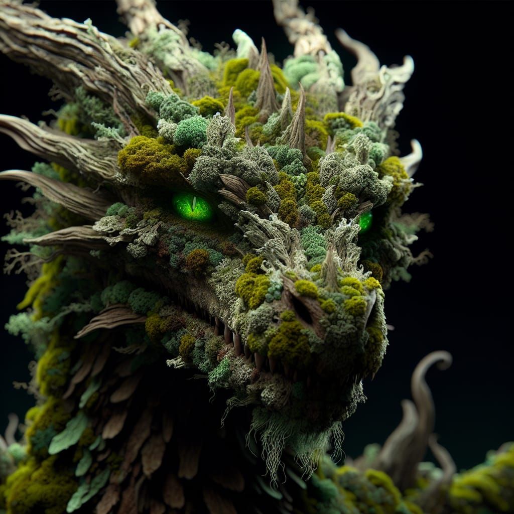 Surreal Dragon Made Entirely of Lichen in Vibrant Close-Up