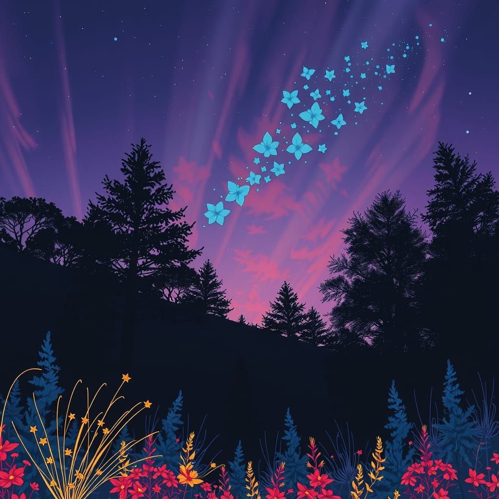 Surreal Bioluminescent Night Landscape, Digital Art