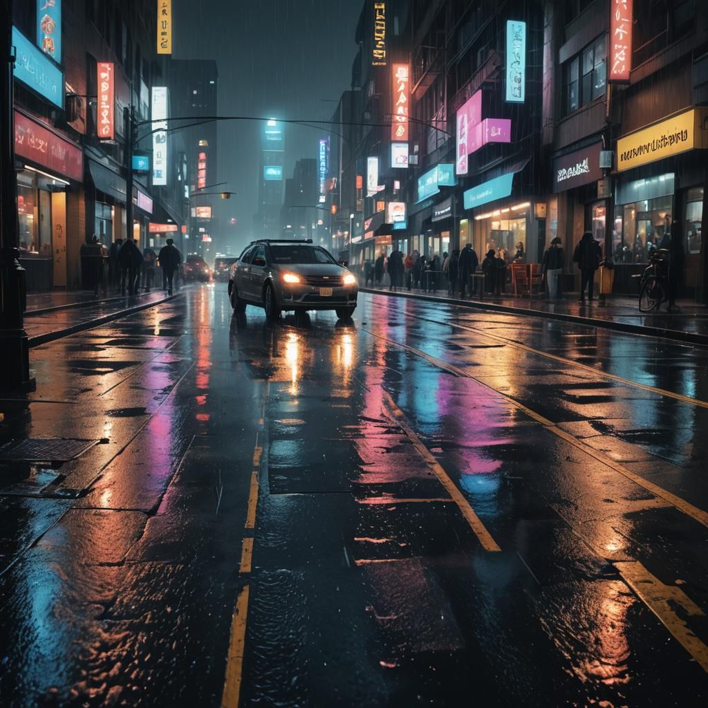 Rainy Night Cityscape with Neon Reflections