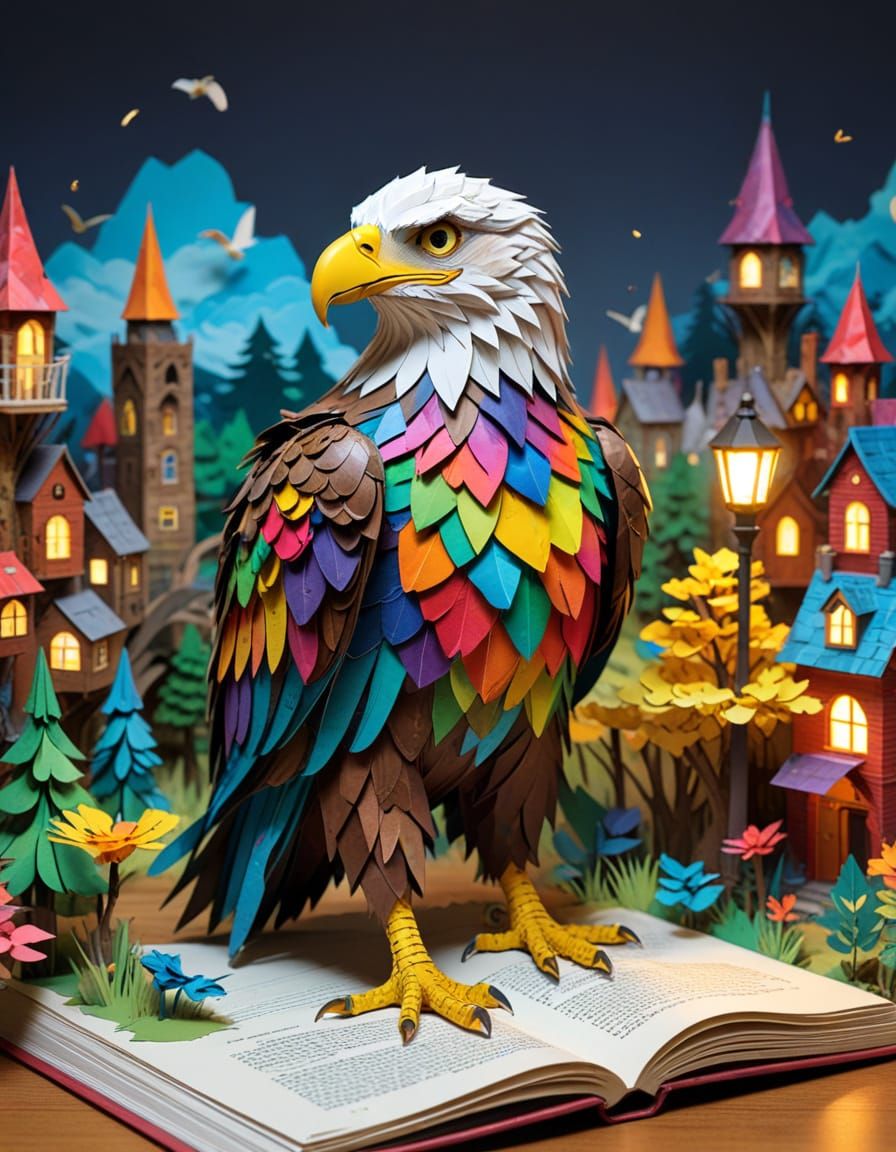 Steampunk Eagle Explores Pop-Up City in Paper Art
