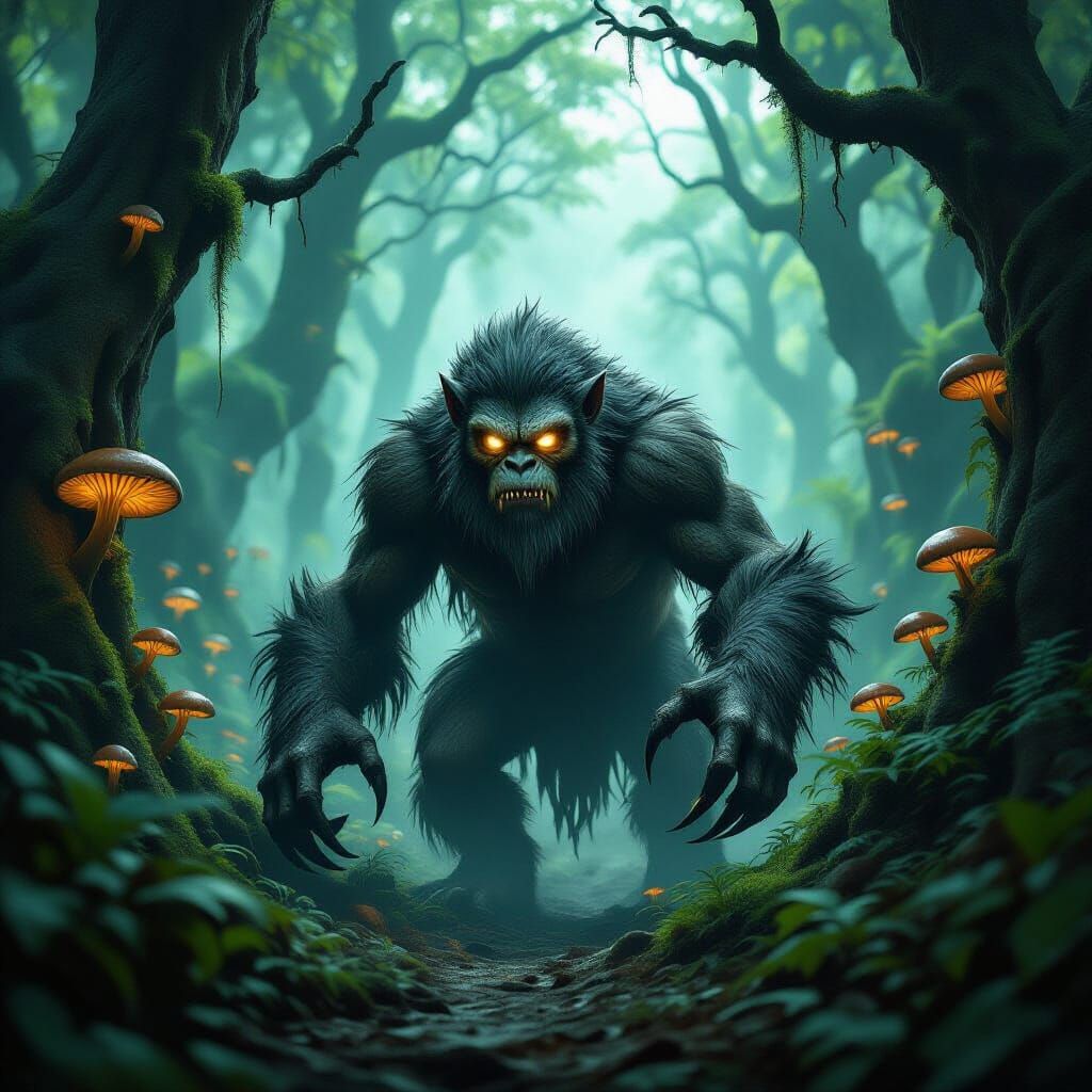 Eerie Hominid Lurks in Primordial Forest, Dark Fantasy Art
