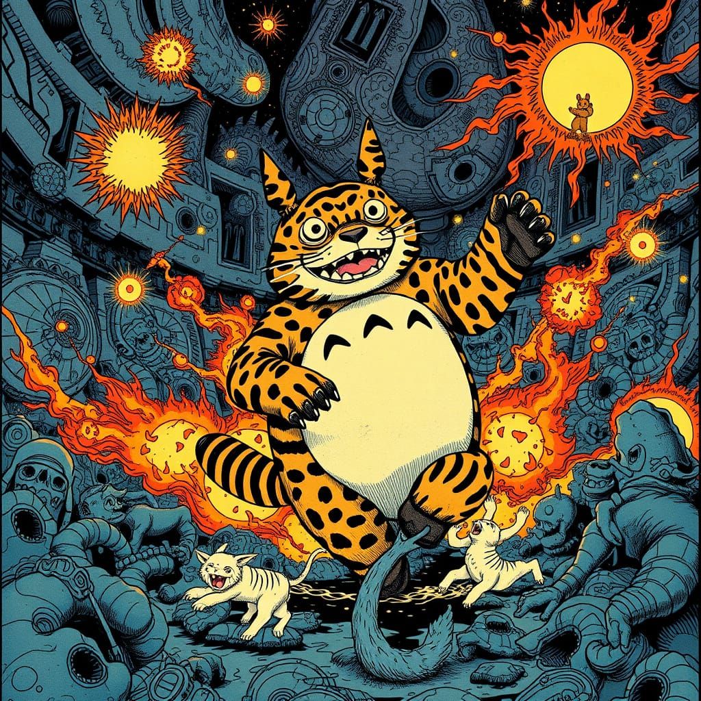 Psychedelic Totoro Tiger Dance in Cyberdisco Style