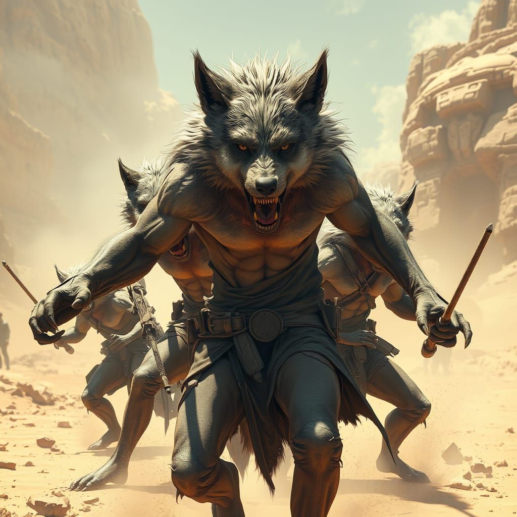 Werewolves Transform in Desert War Zone: 3D Render