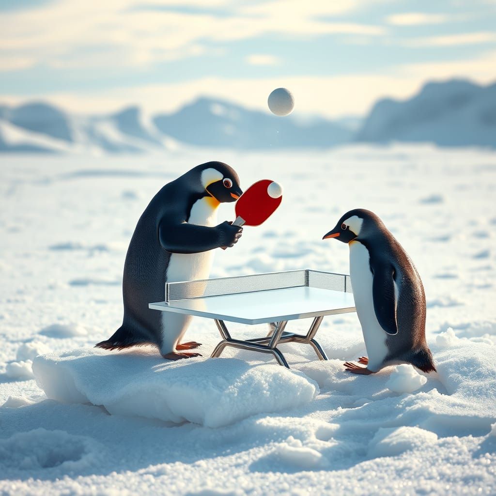 Penguins Play Ping Pong in Winter Wonderland