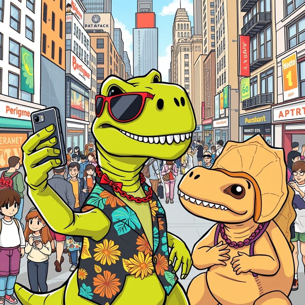 An imaginative touch, like dinosaurs interacting with modern...