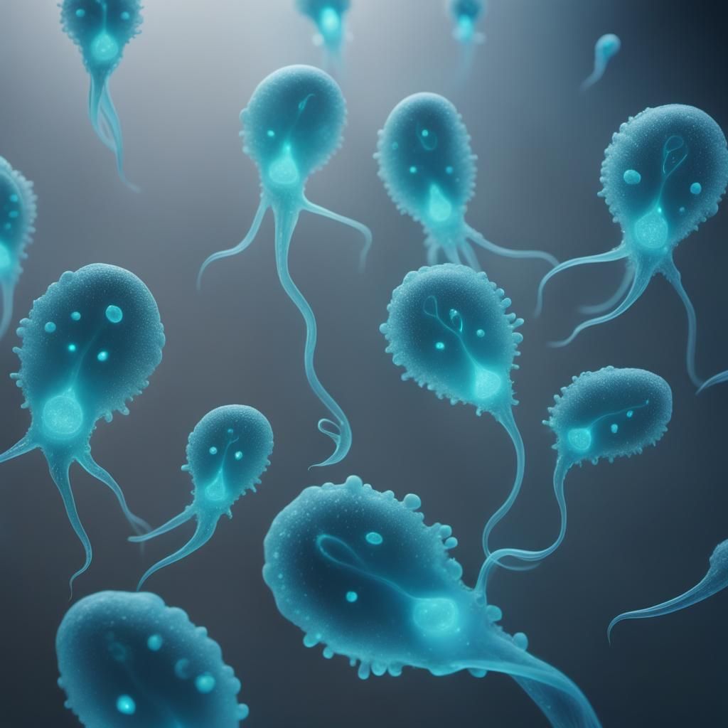 Bioluminescent Human Amoebas Dancing: Microscopic 4K Photo