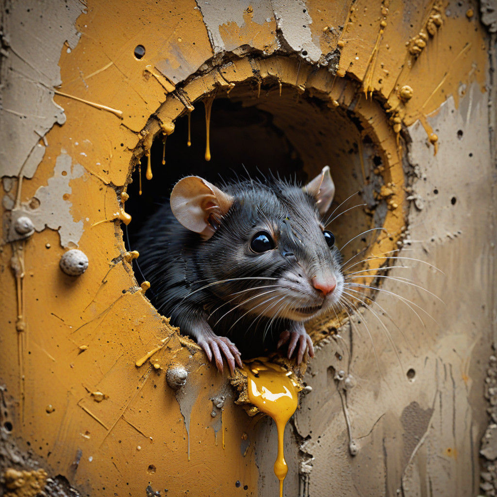 Close Up Concrete hole Rat peeking out Oil painting style, Palatinate, oil painting, art, postimpressionism, heavy strok...