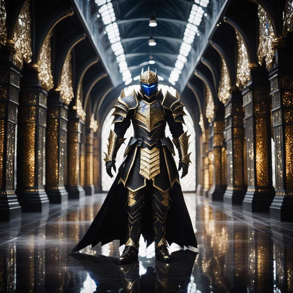 Vampire knight, dragon scale armor, black and gold armor white trim. Intricate_design, fierce blue eyes.