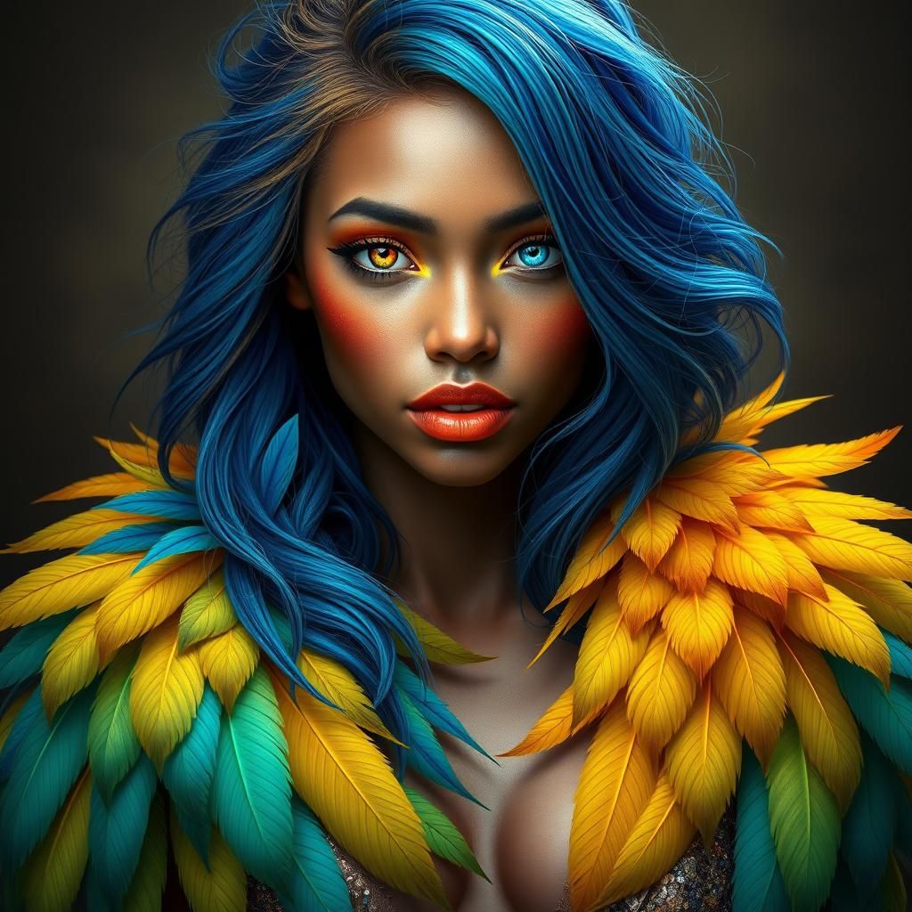 Metallic Woman with Colorful Feathers, Fantasy Art