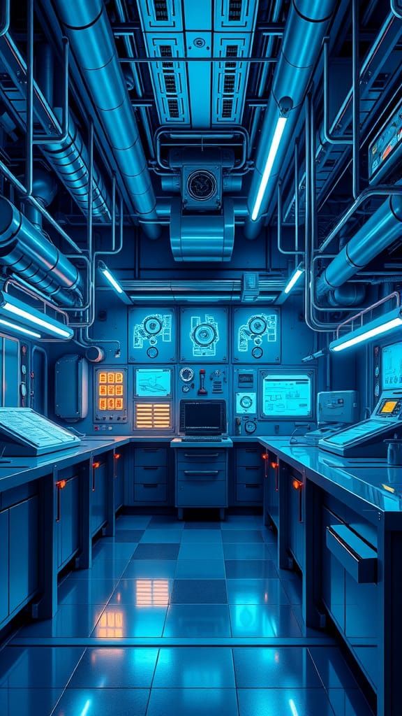 High-Tech Laboratory in Neon Blue Metallic Style