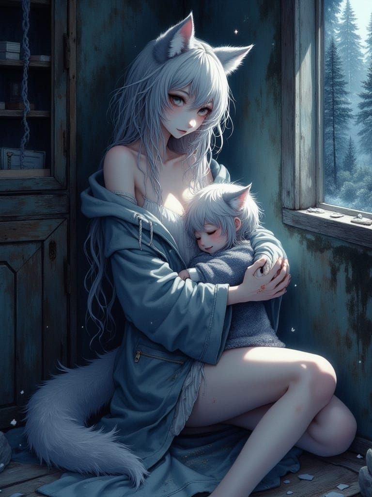 Wolf Mother and Child in Watercolor Anime Style