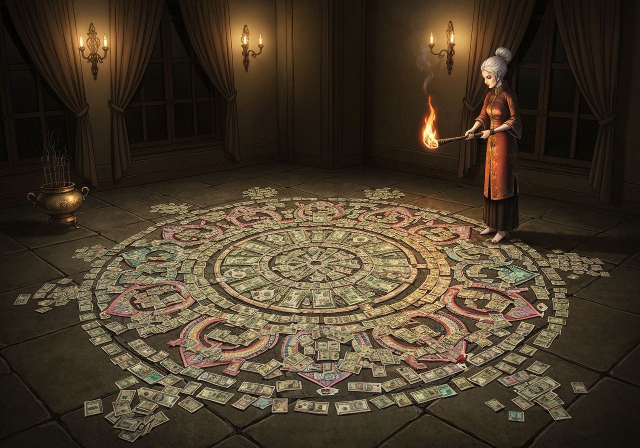 Decadent Maiden Burns Money Mandala with Torch