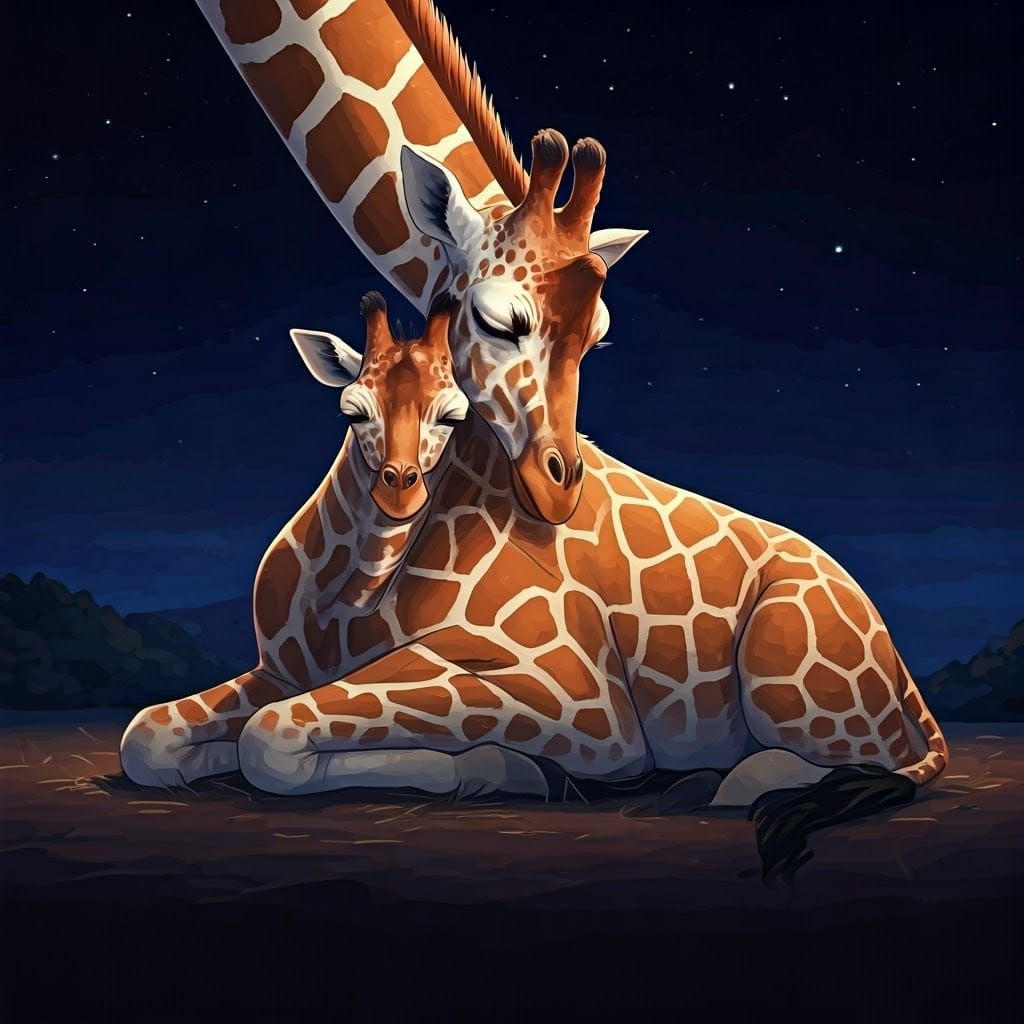 Mother Giraffe Tenderly Cuddles Sleeping Baby in Vibrant Ani...
