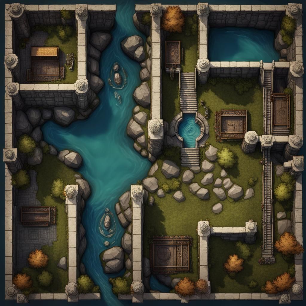 Aerial Map of Temple Canal for Dungeons and Dragons
