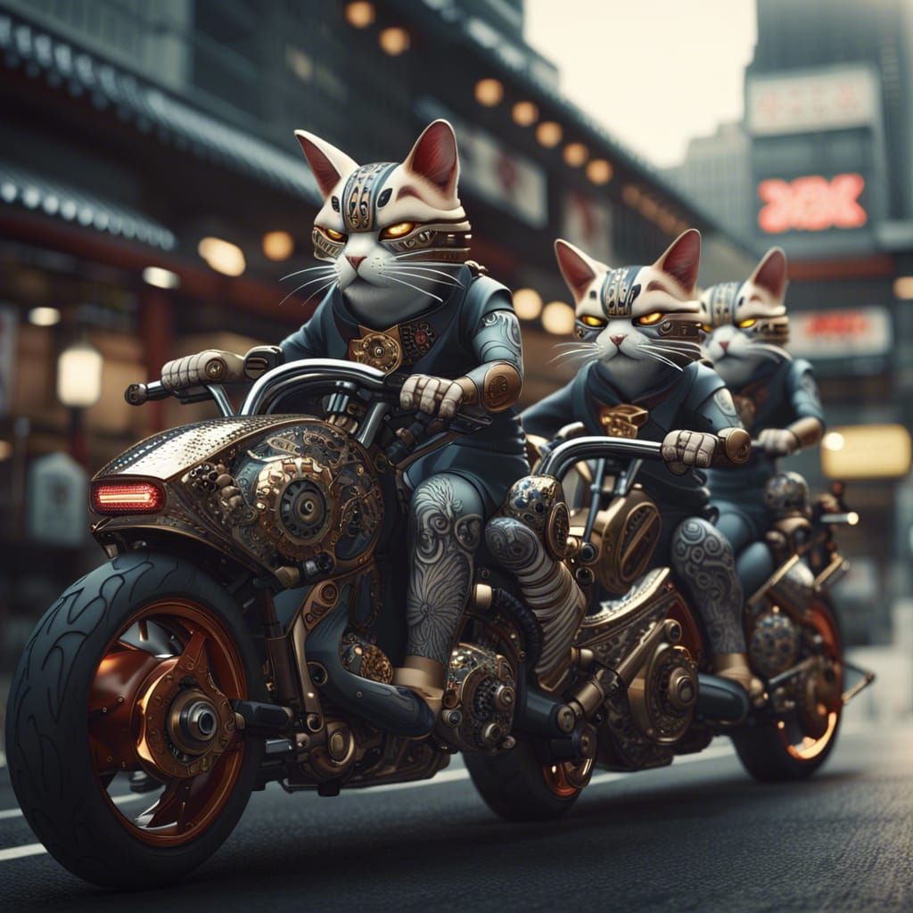 Futuristic Yakuza Cats Ride Motorbikes in Neo-Japan