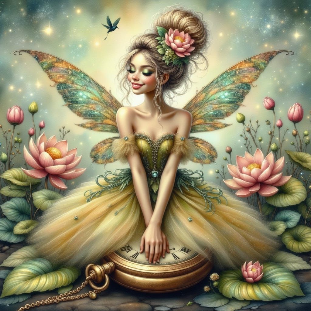 Ethereal Fairy Portrait in Whimsical Oil Painting with Glitt...