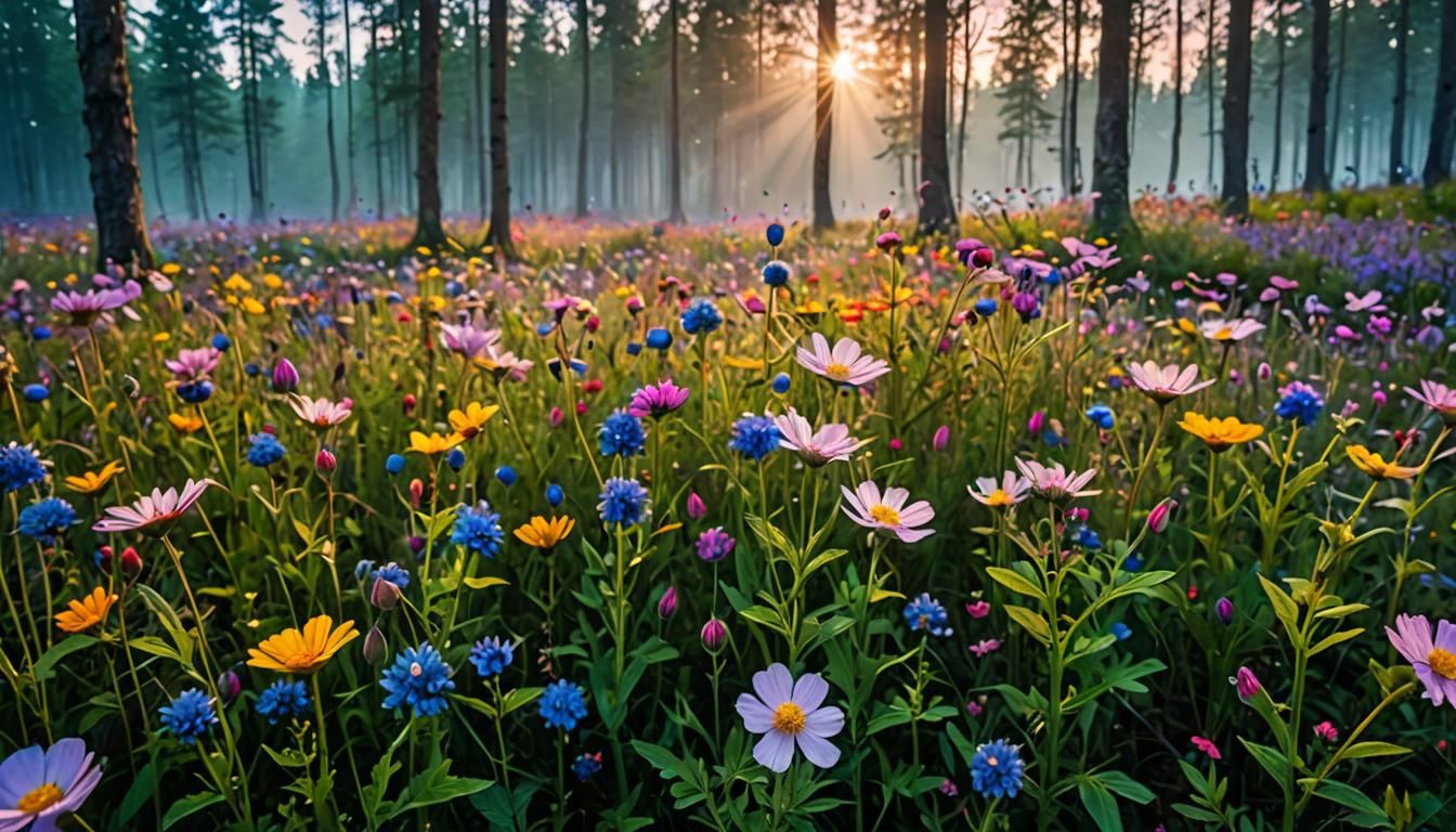 Fantasy Wildflower Field in Surreal Forest