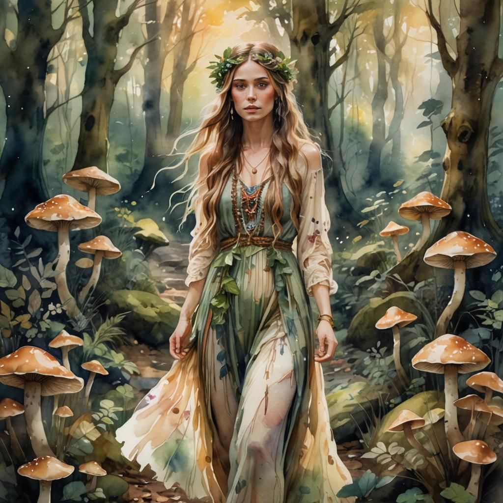 Bohemian Woman in Mystical Forest Watercolor Portrait