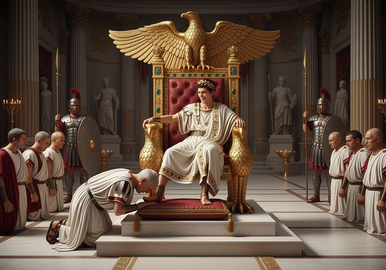 Emperor Nero on Emerald Throne: Wide-Angle Photograph