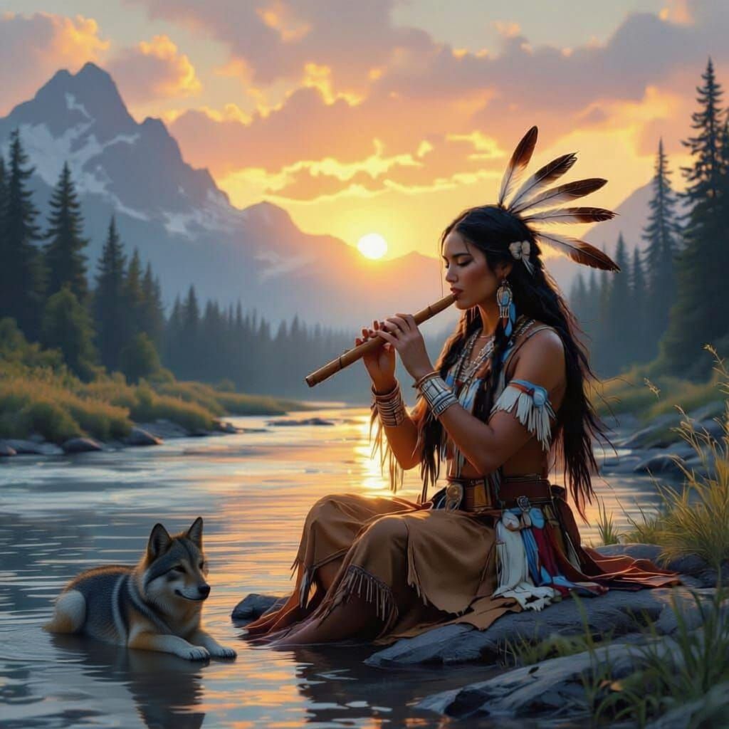 Native Warrior Princess Plays Flute by River at Sunset