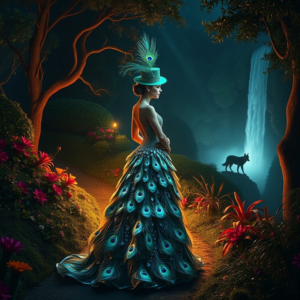 Woman in Peacock Feather Gown on Forest Trail