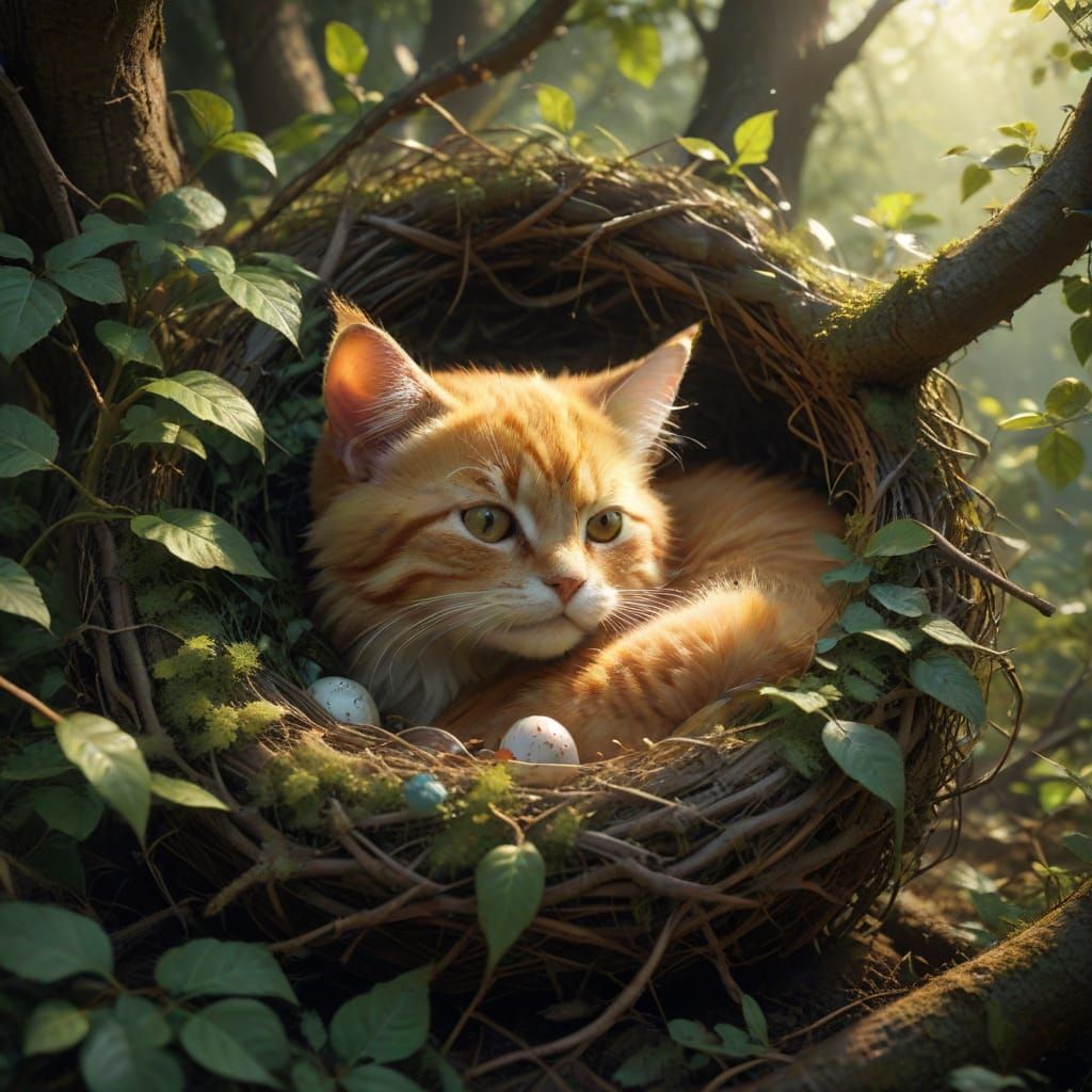 Golden Kitten Sleeping in Bird's Nest amidst Morning Sunligh...