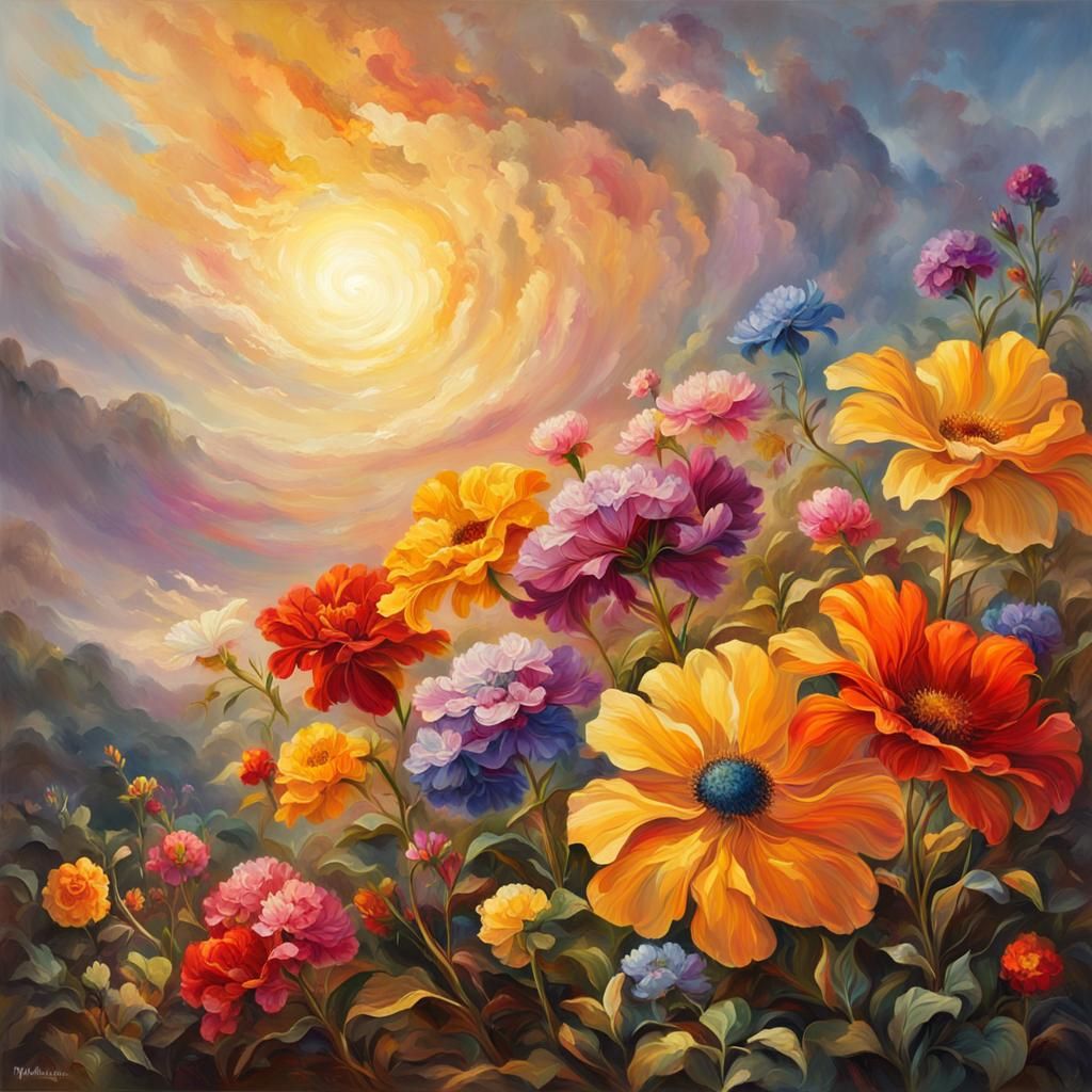 Beautiful Flowers in Sunlight as Oil Painting