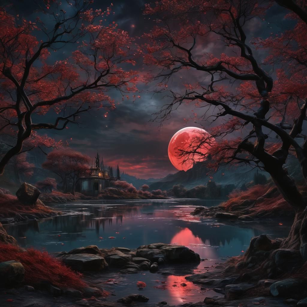 Blood Moon Eclipse over Black Sakura Lake