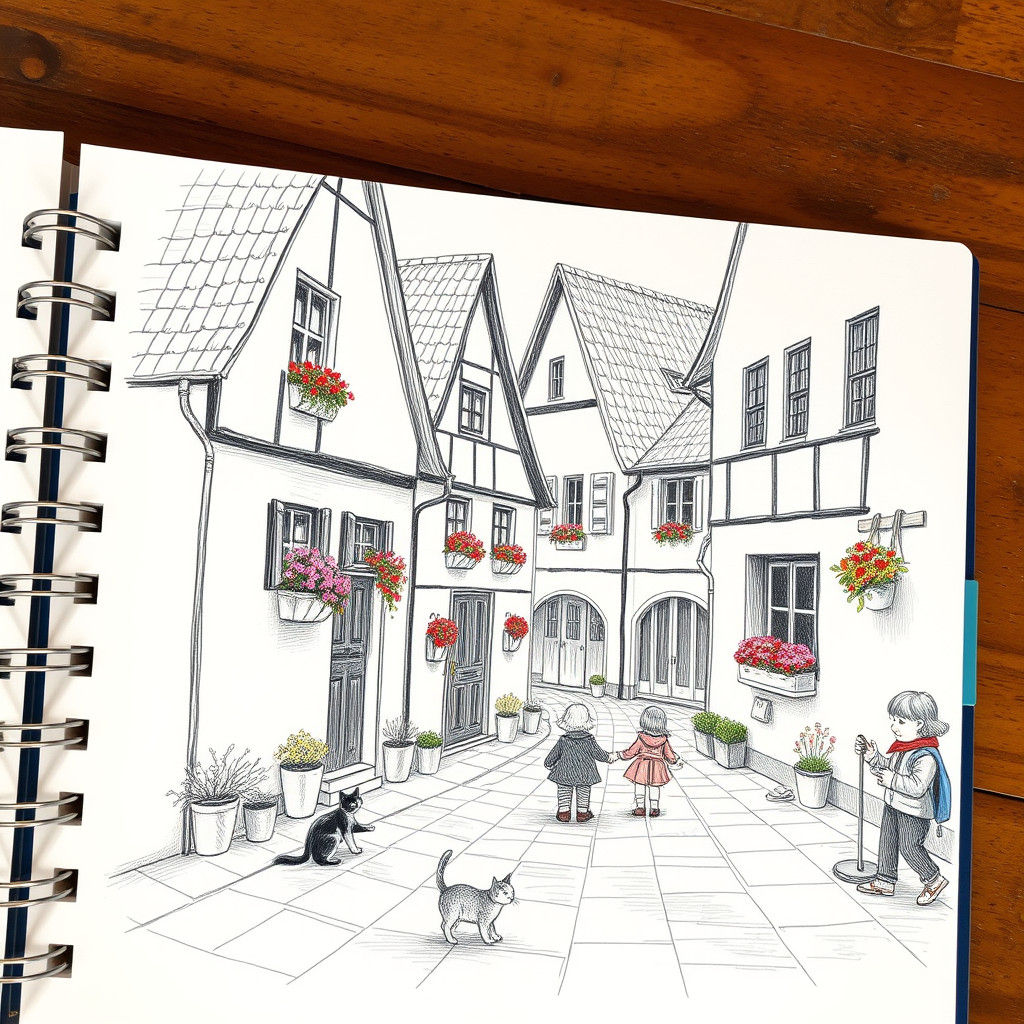 German Village Sketch with Colorful Details in Neo-Impressio...