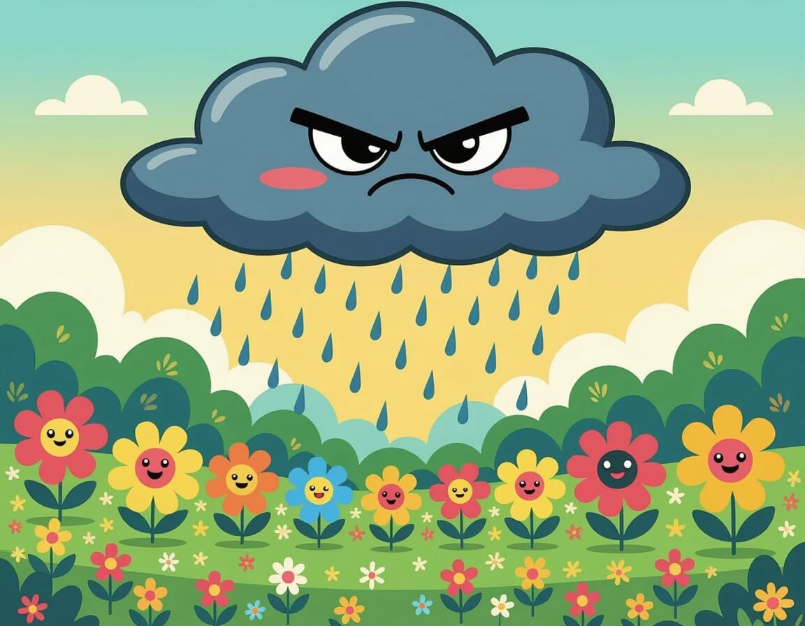 Grumpy Cloud Rains on Happy Flowers in Cartoon Style