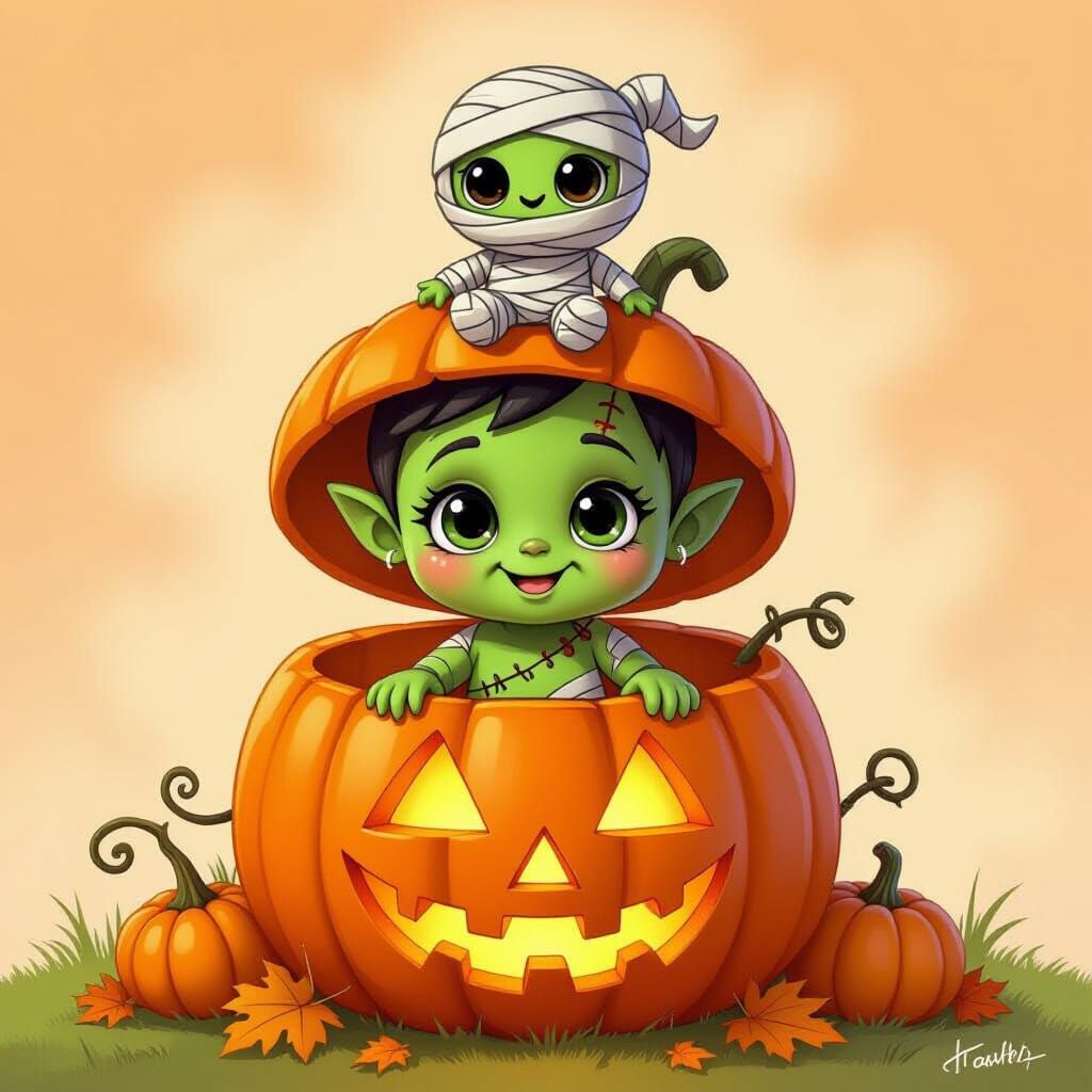 Whimsical Halloween Illustration: Mummy & Pumpkin Pal