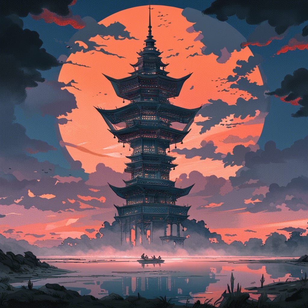 Sci-Fi Scene: Ship, Temples, and Pink Moon