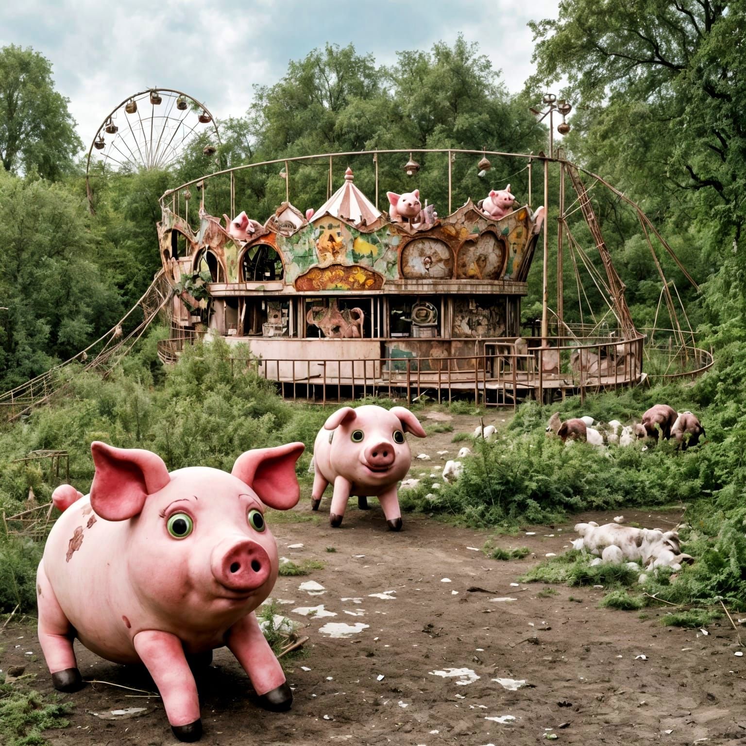 Abandoned Fairground with Sad Pig Plushie, Nature Reclaiming