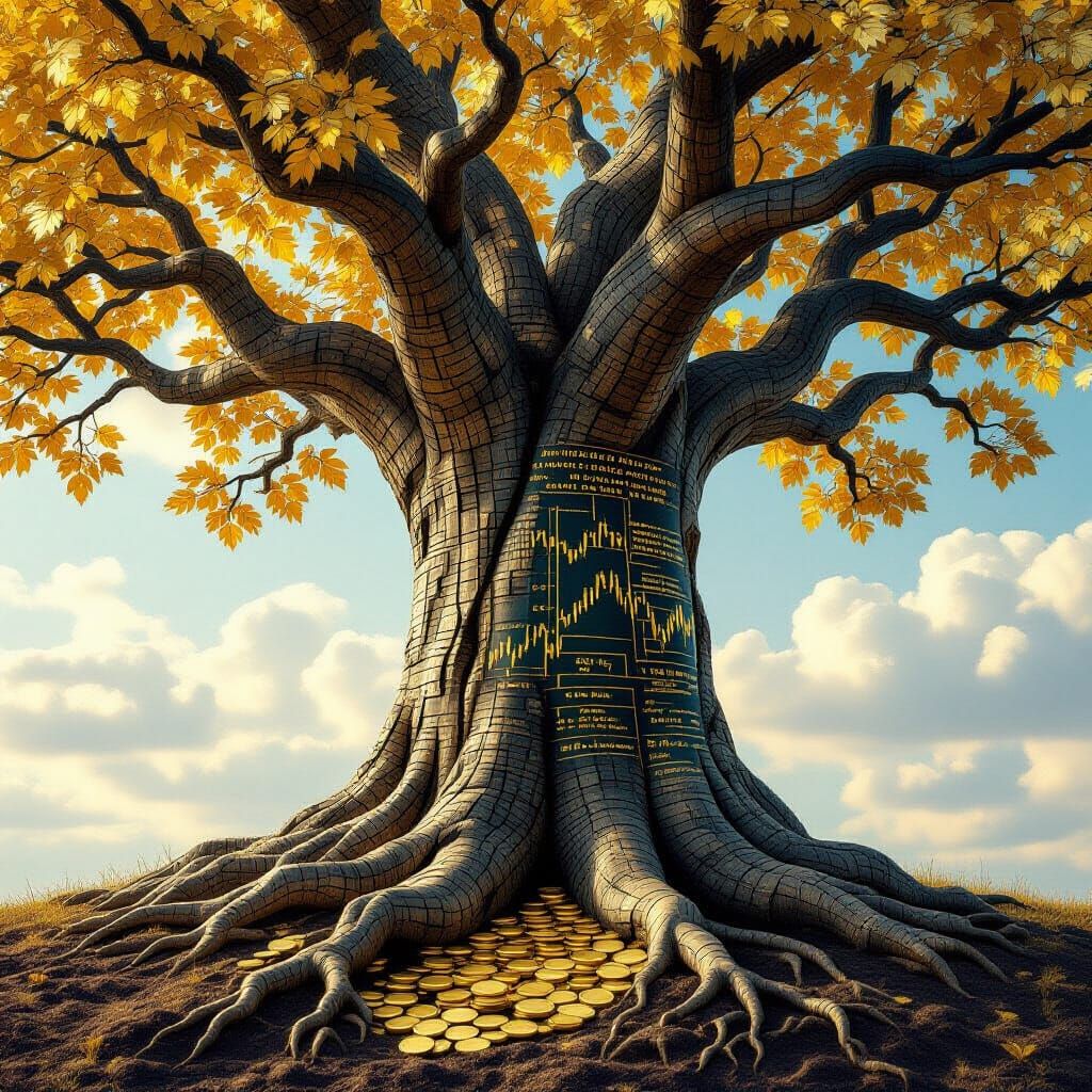 Ancient Tree with Financial Ledgers and Coin Leaves