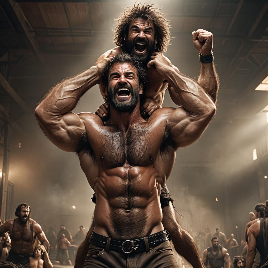 Hairy Muscular Men Wrestling: Digital Matte Painting