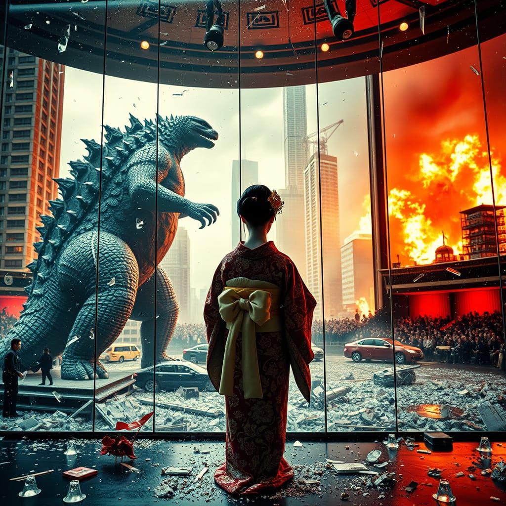 Godzilla Confronts Maiko in Dystopian Theatre